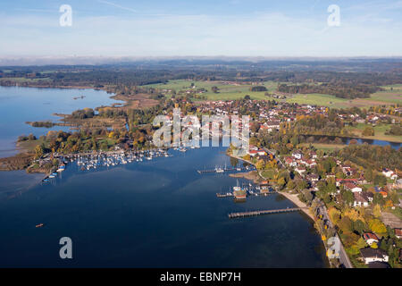 aerial view to Lake Chiemsee with Seebruck, marina and Alz river mouth , Germany, Bavaria, Lake Chiemsee Stock Photo