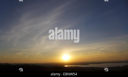 view from treetop trail to Kleiner Jasmunder Bodden at sunset, Germany, Mecklenburg-Western Pomerania, Ruegen Stock Photo
