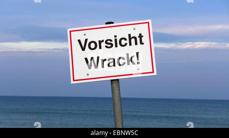 sign at the Baltic Sea Coast labeled 'attention wreck!', Germany, Mecklenburg-Western Pomerania, Ruegen Stock Photo