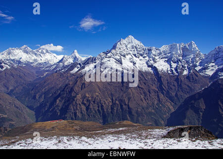 Nuptse, Mount Everest, Ama Dablam, Thamserku and Kyashar from viewpoint above Kongde Hotel, Nepal, Khumbu Himal Stock Photo