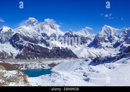 Mount Everest, Nuptse, Lhotse, Makalu and Cholatse, Gokyo Lake in front. View from Renjo La, Nepal, Himalaya, Khumbu Himal Stock Photo