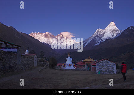view from Tengboche monastery to Mount Everest, Nuptes, Lhotse and Ama Dablam in evening light, Nepal, Himalaya, Khumbu Himal Stock Photo