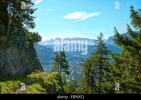 view to Garmisch-Partenkirchen and Karwendel mountains in background, Germany, Bavaria, Oberbayern, Upper Bavaria, Garmisch-Partenkirchen Stock Photo