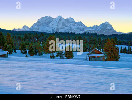 view from Mittenwald to Wetterstein mountain range in winter at sunset, Germany, Bavaria, Oberbayern, Upper Bavaria Stock Photo