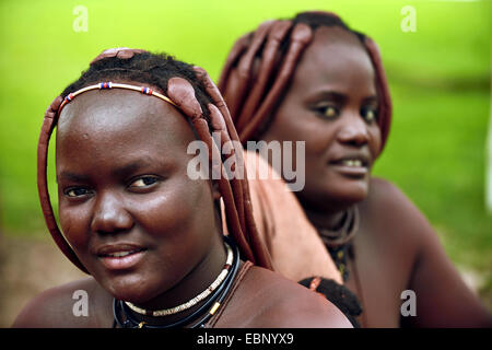 portrait of two unmarried girls of the Himba tribe, Namibia