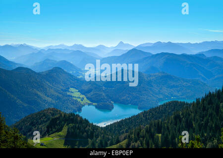 Lake Walchen, in the background left Karwendel, on the right Wetterstein mountains view from Jochberg, Germany, Bavaria Stock Photo