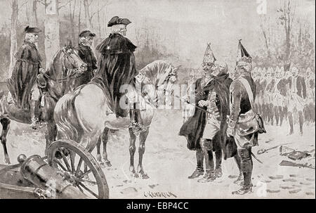 Colonel Rahl surrenders to George Washington at The Battle of Trenton, December 26, 1776, during the American Revolutionary War. Stock Photo