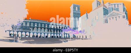 Main Square, church of San Andrés and town hall, Villanueva de los Infantes. Ruta de los Caballeros, Ciudad Real province, Spain Stock Photo