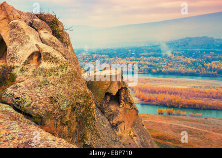 Panoramic view from Antique cave city Uplistsikhe, Georgia country Stock Photo