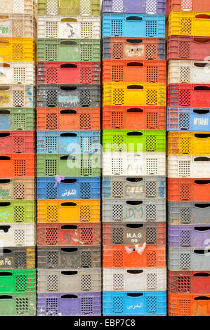 fish boxes in harbour, Morocco, Essaouira Stock Photo