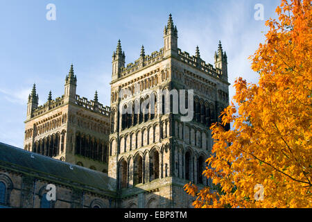 Durham, County Durham, England. Twin towers of Durham Cathedral, autumn foliage of an English oak (Quercus robur) in foreground. Stock Photo
