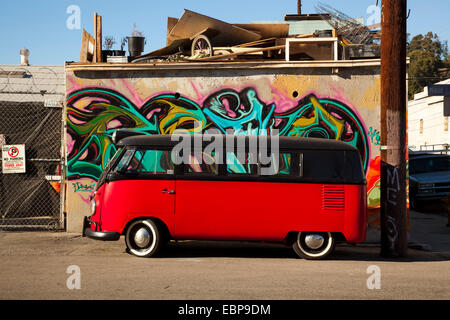 Red van and graffiti, Los Angeles, California, United States of America Stock Photo