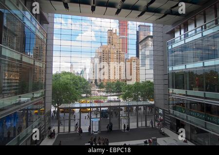 View of Columbus Circle and New York City from inside the shops at Columbus Circle Stock Photo