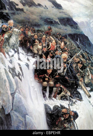 Russian troops under Generalissimo Suvorov crossing the Alps in 1799. Vasily Surikov. Stock Photo