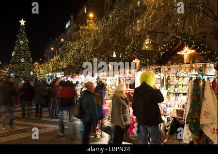 Christmas Market and Christmas tree at Wenceslas Square during Advent evening, Nove Meso, Prague, Czech Republic, Europe Stock Photo