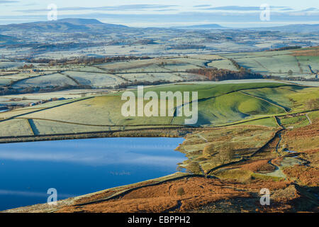 Early morning view in late autumn from Embsay Crag, Pendle Hill beyond, North Yorkshire, Yorkshire, England, UK Stock Photo