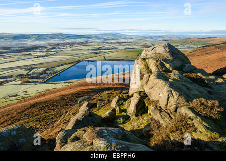 Early morning view in late autumn from Embsay Crag, Pendle Hill beyond, North Yorkshire, Yorkshire, England, UK Stock Photo