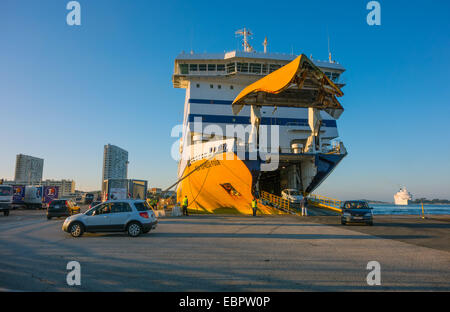 Yellow Roll-on Roll-off Ro Ro Ferry with bow lifted, Toulon, France Stock Photo