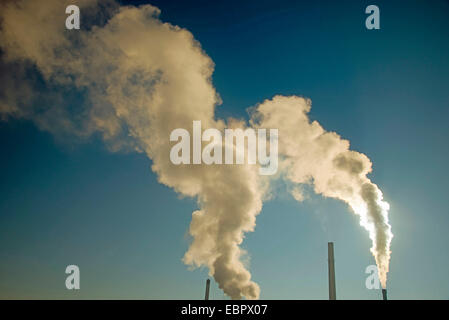 smoking chimneys of a modern power station , Germany, Baden-Wuerttemberg, Ulm Stock Photo