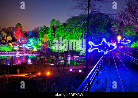 illuminated Grugapark in the evening, Germany, North Rhine-Westphalia, Ruhr Area, Essen Stock Photo