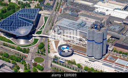 aerial view to BMW World, BMW Museum and BMW four-cylinder, 8.5.2008, Germany, Bavaria, Muenchen Stock Photo