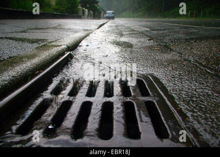 rain water streaming into a gully hole, Germany Stock Photo