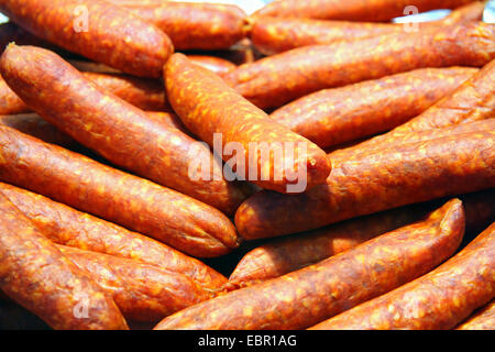 smoked Mettwurst sausages on a weekly market, Germany Stock Photo