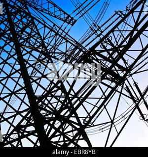 power pole with high voltage power lines, Germany, North Rhine-Westphalia Stock Photo