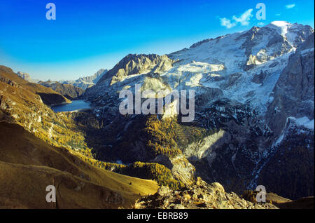 view to Marmolada and Lago die Fedaia, Italy, South Tyrol, Dolomiten Stock Photo