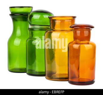 Clear and brown laboratory glass jars and bottles. Containers for essential  oils, cosmetics, medication, oils, liquids, creams and lotions Stock Photo  - Alamy