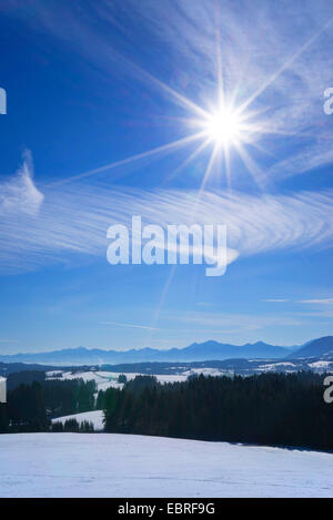 Karwendel Mountains in winter, view from the Wildsteig, Germany, Bavaria, Oberbayern, Upper Bavaria Stock Photo