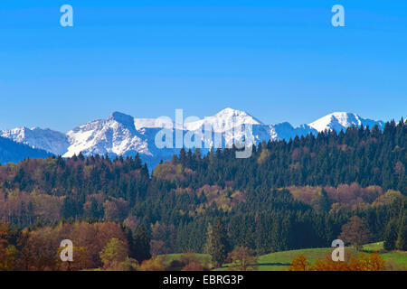 view onto the Wetterstein Mountains in autumn, Germany, Bavaria, Oberbayern, Upper Bavaria, Habach Stock Photo