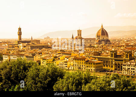 view from Piazzale Michelangolo onto the old town of Florence with Ponte Vecchio, Italy, Tuscany, Florence Stock Photo