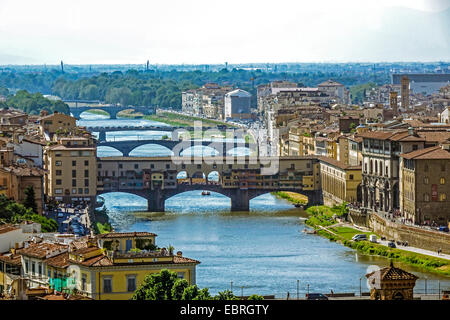view from Piazzale Michelangolo onto the old town of Florence with Ponte Vecchio and Arno, Italy, Tuscany, Florence Stock Photo