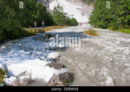 glacier stream with ice from glacier, Norway, Jostedalsbreen National Park, Supphella Stock Photo