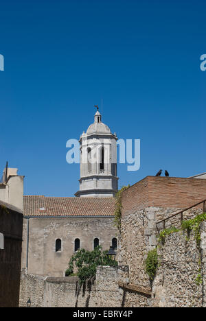 Tower set against a vivid blue sky in the medieval city of Girona in Catalonia in  Spain Stock Photo