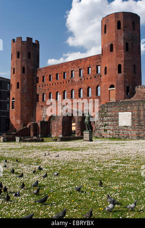 The Palatine Gate or Palatine Towers, gate of the roman city of Augusta Taurinorum, the ancient Turin. Stock Photo