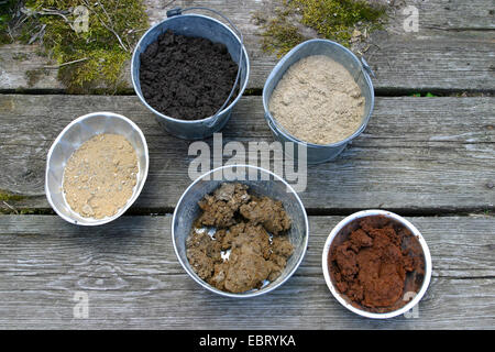 dishes with various colours of soils Stock Photo