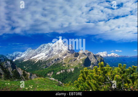 view to Civetta mountain, Marmolada mountain in background, Italy, South Tyrol, Dolomiten Stock Photo