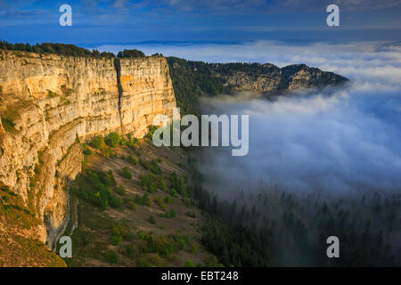 Creux du Van at the Neuenburger Jura at sunrise, Switzerland, Neuenburg Stock Photo