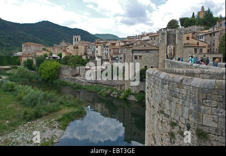 View of the walled and fortified entrance to the town of Besalu in Catalonia Spain Stock Photo