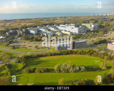 aerial view to the European Space Research and Technology Centre, North Sea Coast and Coepelduynen in background, Netherlands, Noordwijk aan Zee Stock Photo