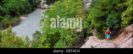 female wanderer walking along the river in canyon of Verdon, France, Alpes de Haute Provence, Verdon Stock Photo