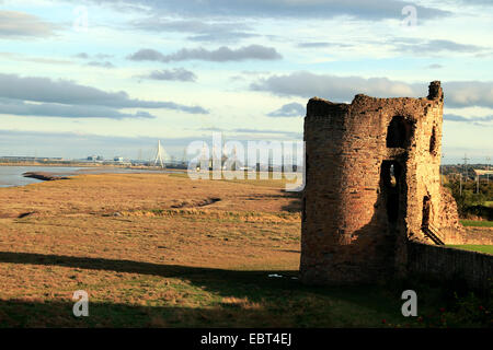 13th century castle ruins, Flint Castle on the Dee Estuary, Flintshire Bridge, Connah's Quay Power Plant, North Wales, UK Stock Photo