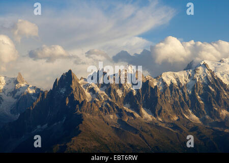 Dent du GÚant (background), Aiguille des Grandes Charmoz, Aiguille de BlaitiÞre, Aiguille du Plan, Aiguille du Midi, view from Lac Blanc, France Stock Photo