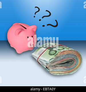 Pink Piggy Bank with a pile of banknotes on a white background Stock ...