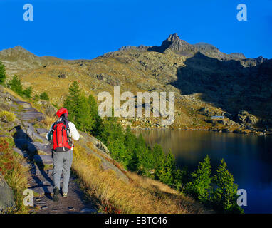 wanderer on a hiking path near the lake Lac Long Superieur, France, Alpes Maritimes, Mercantour National Park, Belvedere saint Marin de Vesubie Stock Photo