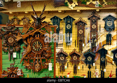 a lot of cockoo clocks in a shop window, Germany, Baden-Wuerttemberg, Black Forest, Triberg Stock Photo