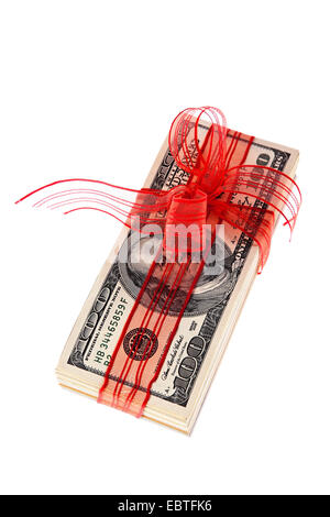 wad of Dollar banknotes with red gift ribbon, USA Stock Photo