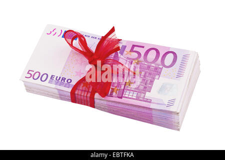 wad of 500 Euro bills with red gift ribbon Stock Photo